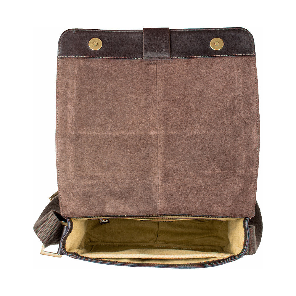 The Aiden Hidesign Blue Genuine Leather and Canvas Crossbody Bag features an adjustable strap and buckle, perfect for men or women as a shoulder, messenger, or travel bag that fits a 10.5 iPad.