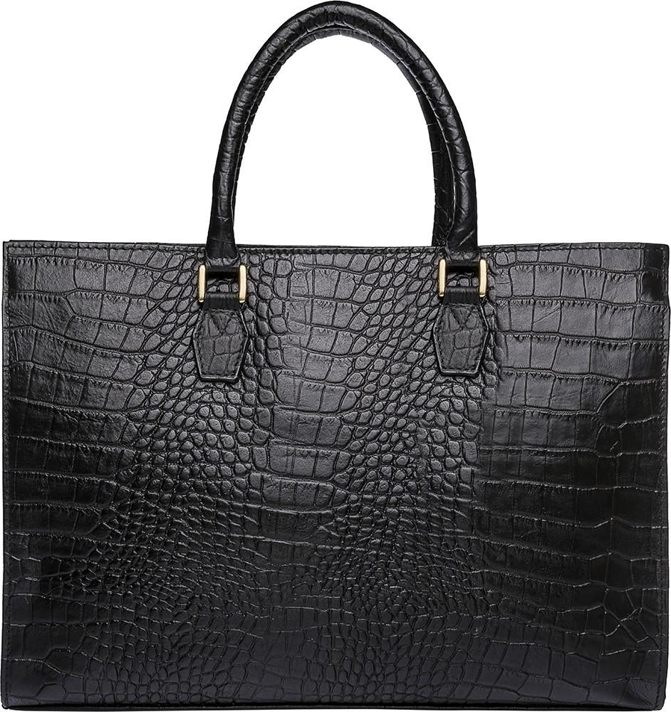 The Kester Elegant Womens Leather Work Bag by Hidesign is a dark brown crocodile-patterned handbag featuring two handles and gold-tone hardware.