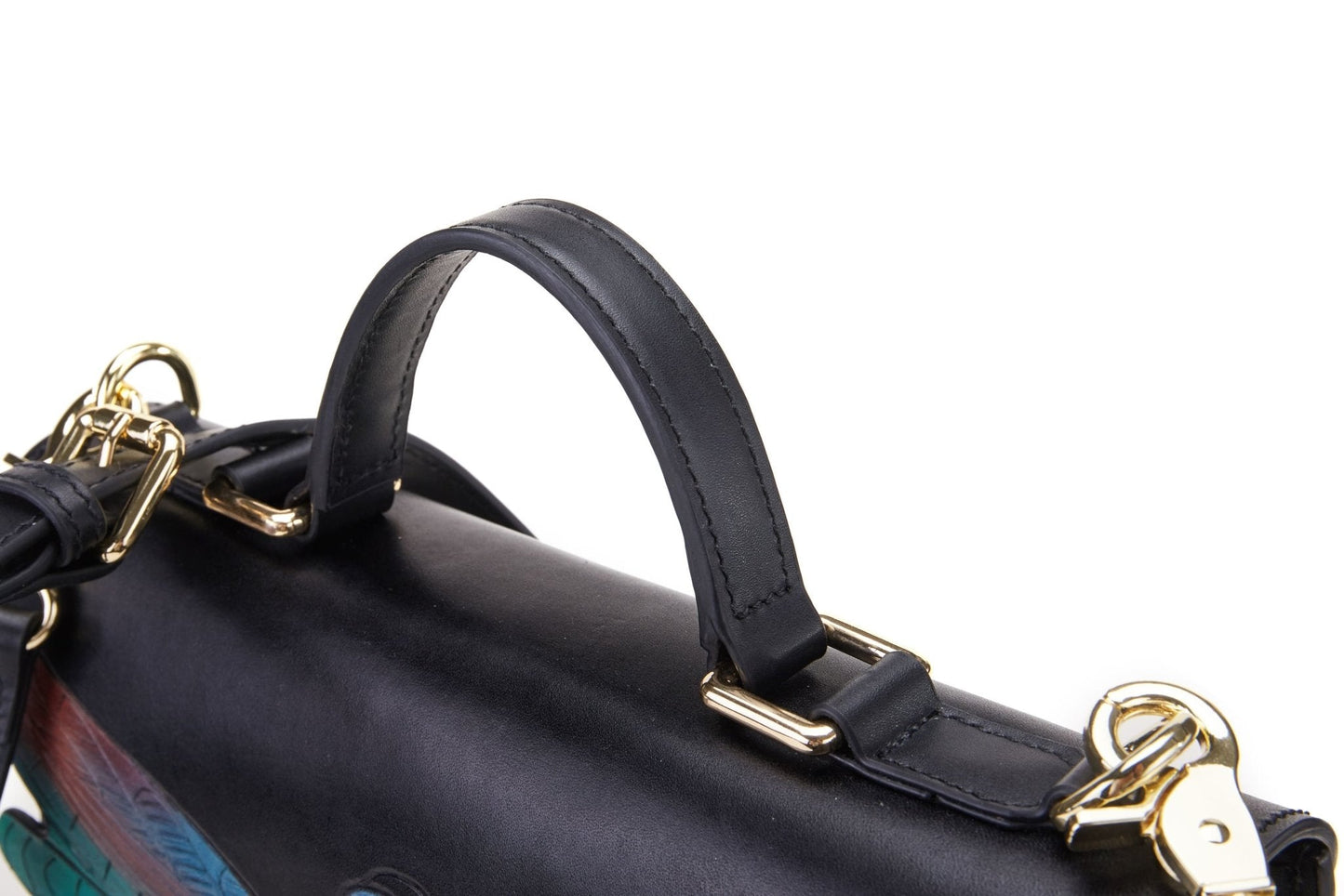 The Bellorita Dragonfly Black Top Handle features a vibrant dragonfly design on the front, adorned with red and teal wings.