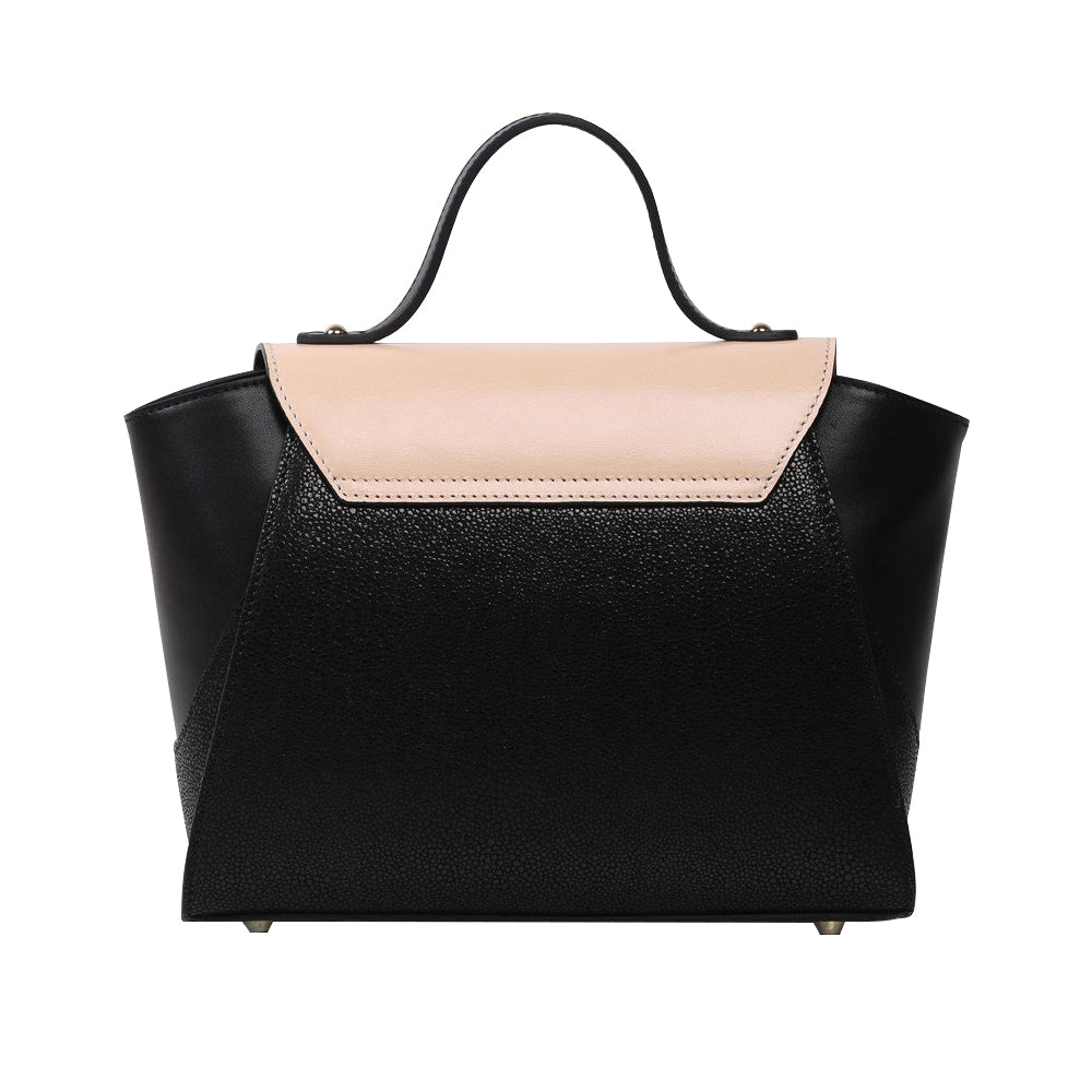 The Koi Small Black Satchel by Bellorita is a handbag with a black body, a tan flap adorned with fish designs, and decorative pearls.