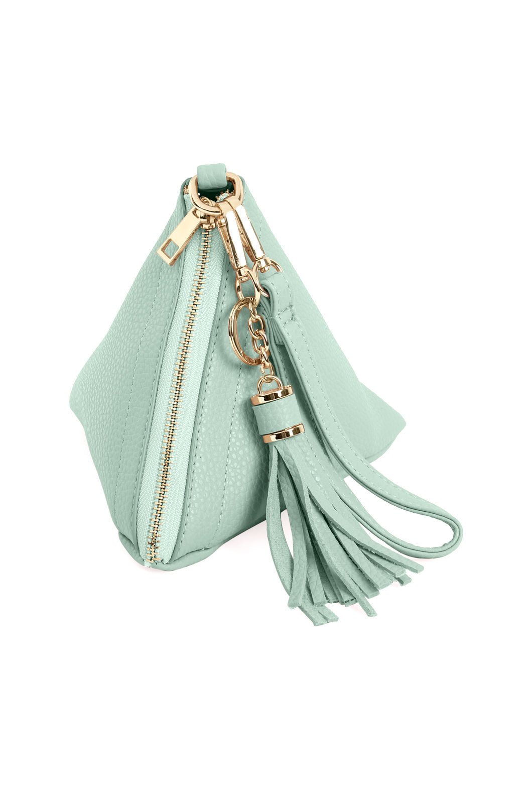 A person in a white shirt and jeans is holding the Riah Fashion Pyramid Shape Tassel Wristlet Leather Bag in orange.