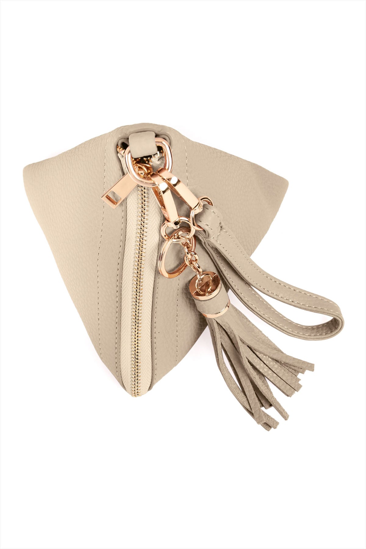 A person in a white shirt and jeans is holding the Riah Fashion Pyramid Shape Tassel Wristlet Leather Bag in orange.