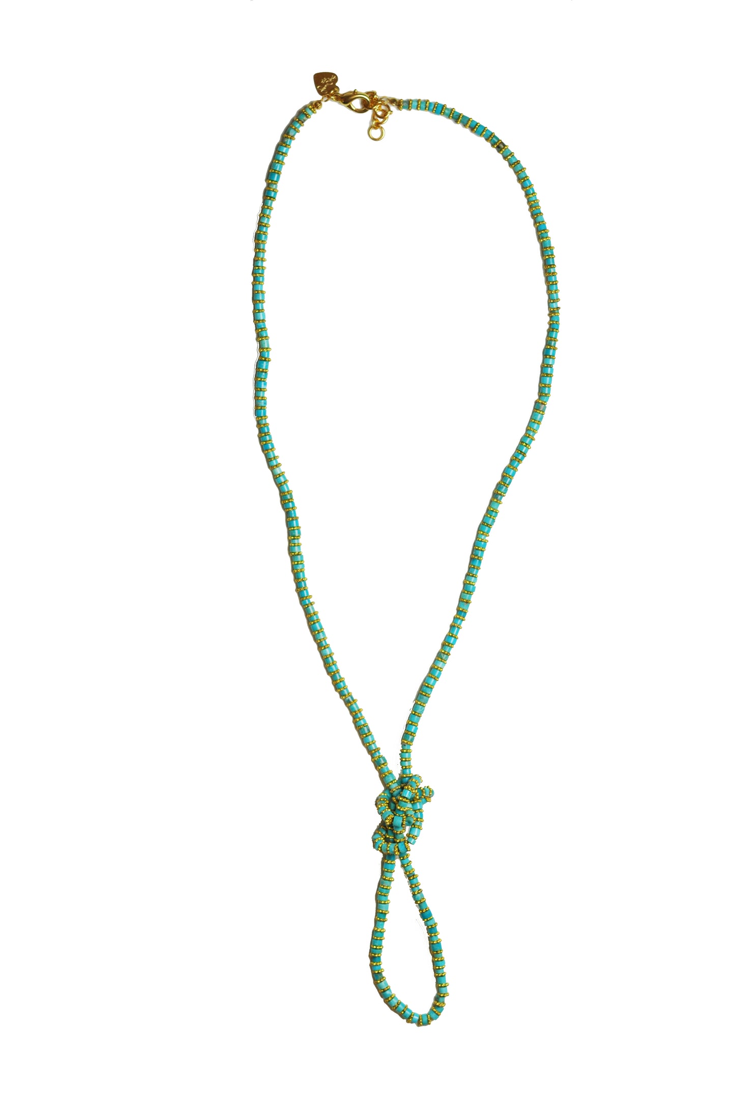 A Gena Myint Turquoise Wrap Bracelet with gold beads is set against a white background.