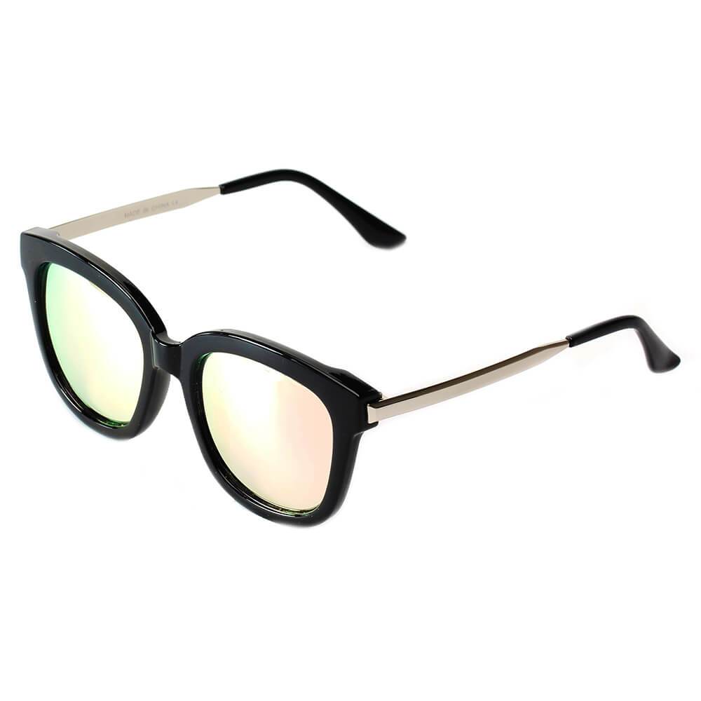 The DEKALB Womens Oversize sunglasses by Cramilo Eyewear feature floral rims, thin gold arms, and silver mirrored lenses.