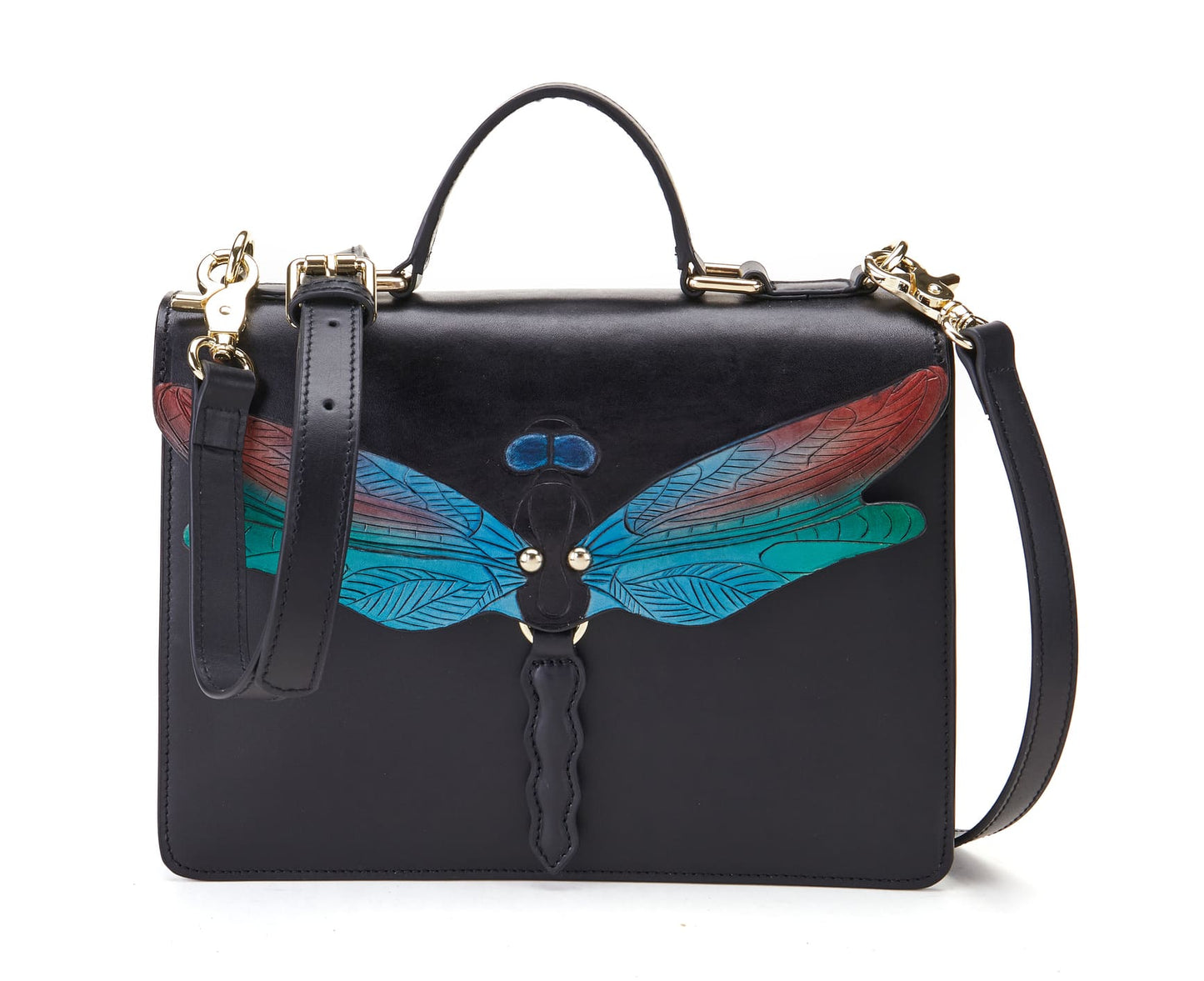 The Bellorita Dragonfly Black Top Handle features a vibrant dragonfly design on the front, adorned with red and teal wings.