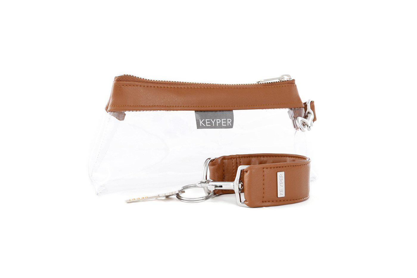 Saddle Brown Vegan Leather 2-Piece Wristlet Set by KEYPER, featuring a detachable matching strap and gold hardware, set against a white background.