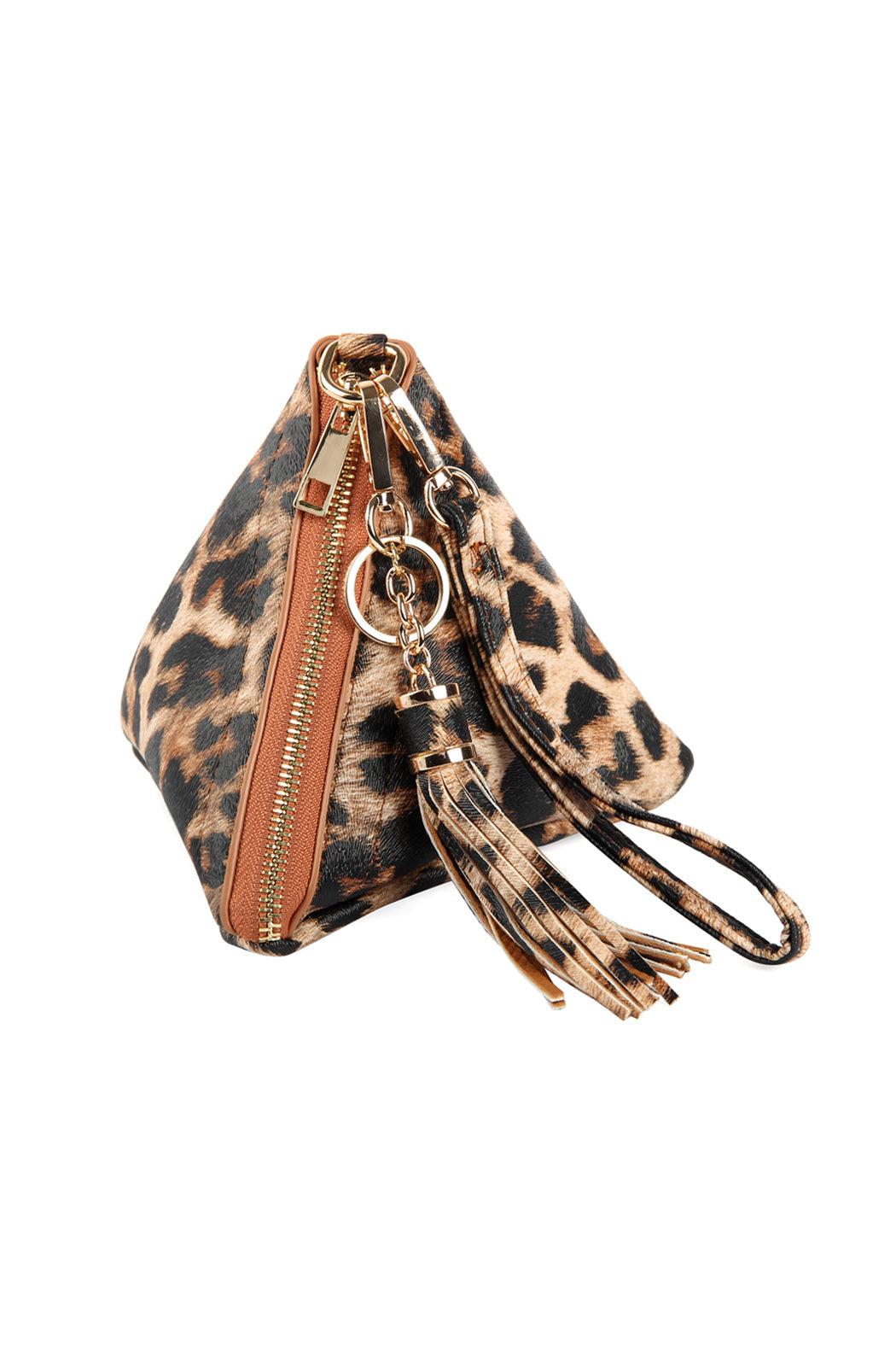 A person in a white shirt and jeans is holding the Riah Fashion Pyramid Shape Tassel Wristlet Leather Bag in orange.