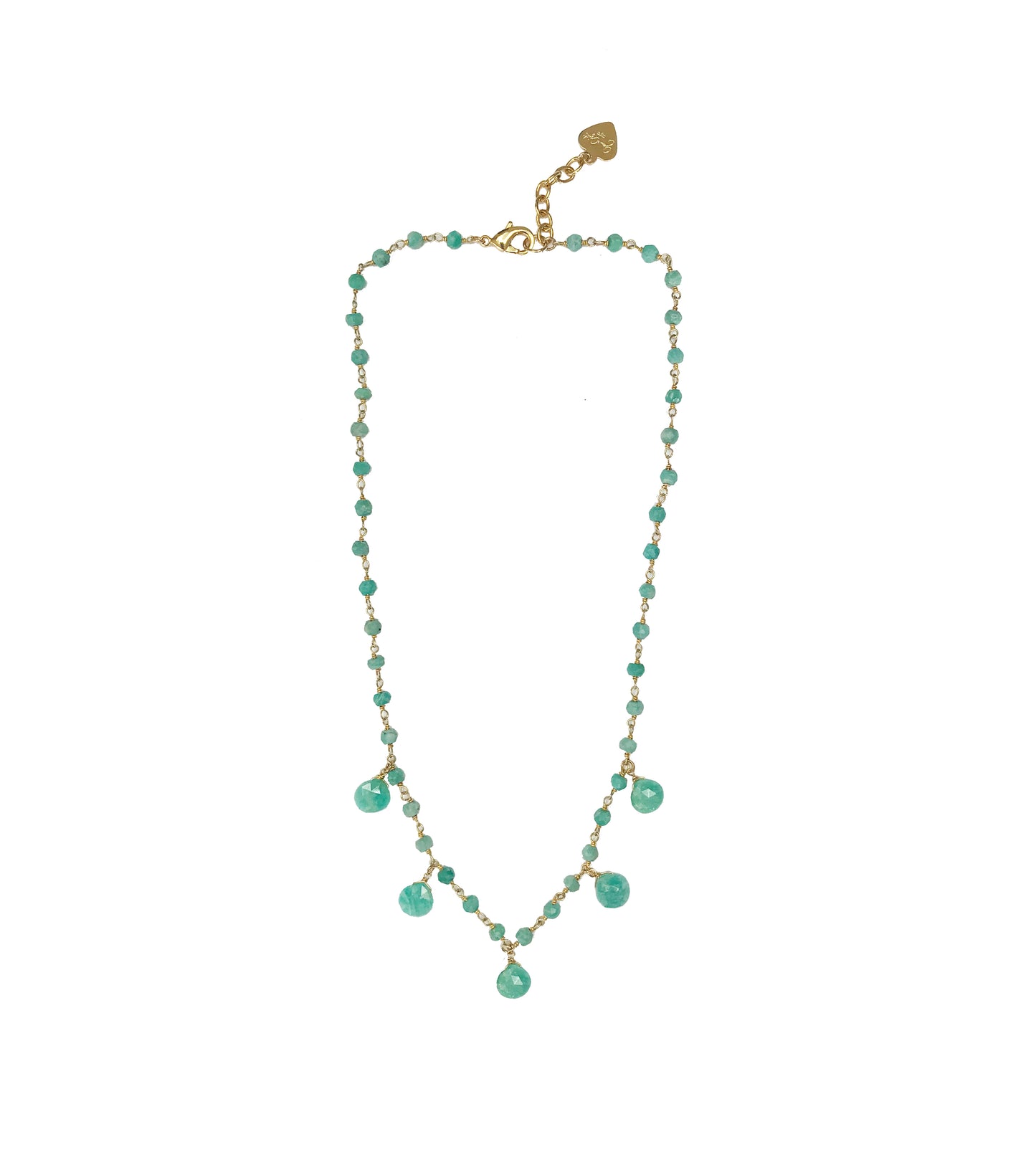 Gena Myints Amazonite Droplet Vermeil Necklace features a gold chain adorned with turquoise beads and teardrop pendants.