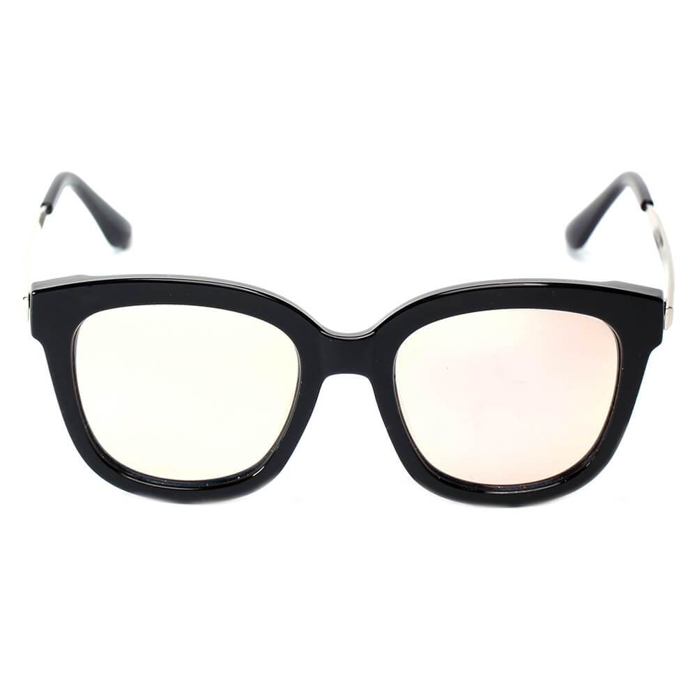 The DEKALB Womens Oversize sunglasses by Cramilo Eyewear feature floral rims, thin gold arms, and silver mirrored lenses.
