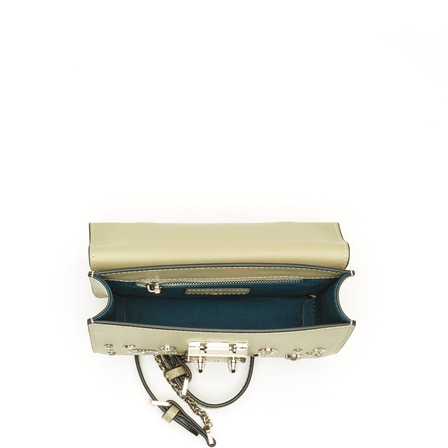 The Hollywood Leather Crossbody Bag by SUSU in sage green features metallic studs and chain straps, elegantly displayed against a plain background.
