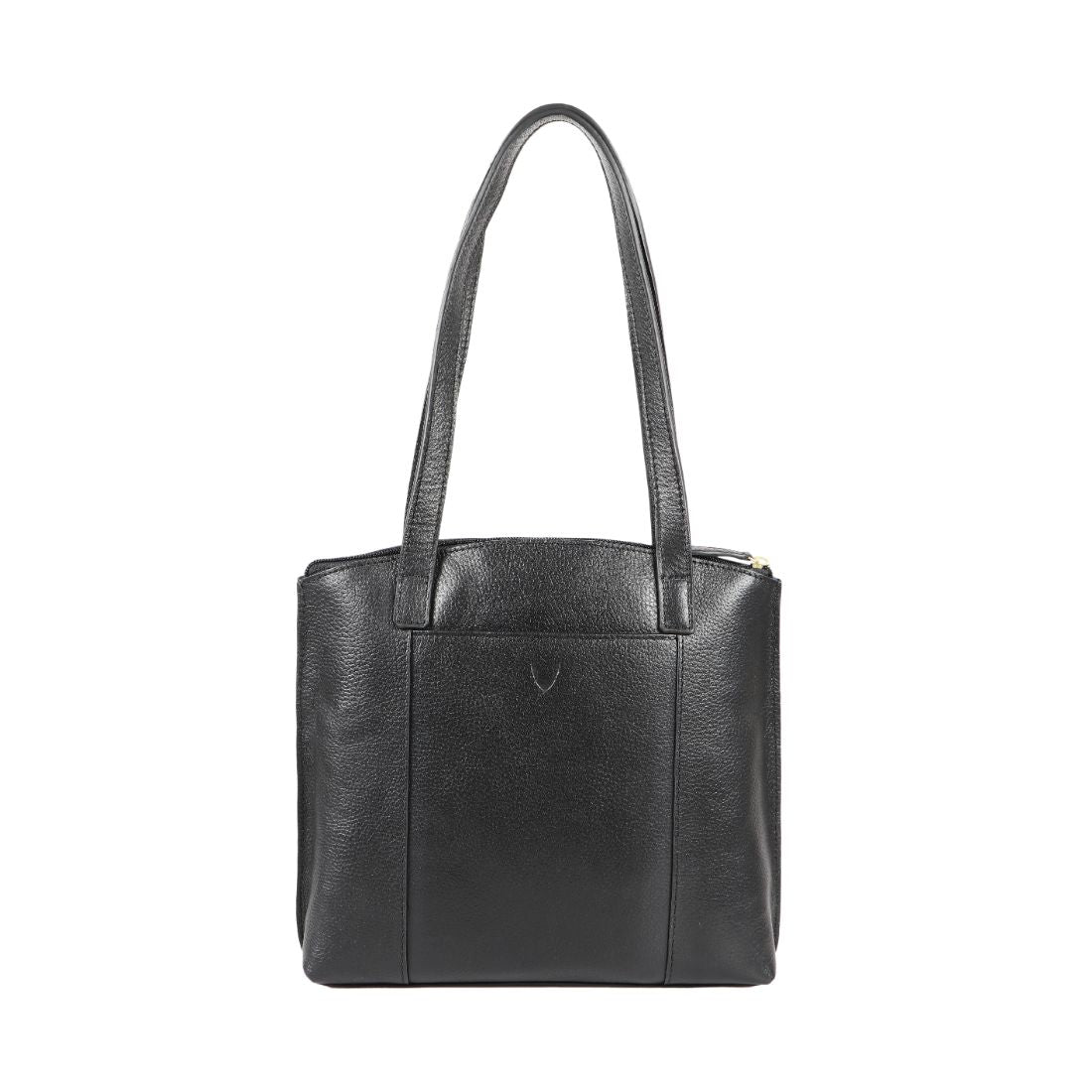A black Hidesign Clarida Womens Classic Leather Handbag with two shoulder straps, a zippered front pocket, and HIDESIGN embossed in gold at the bottom.