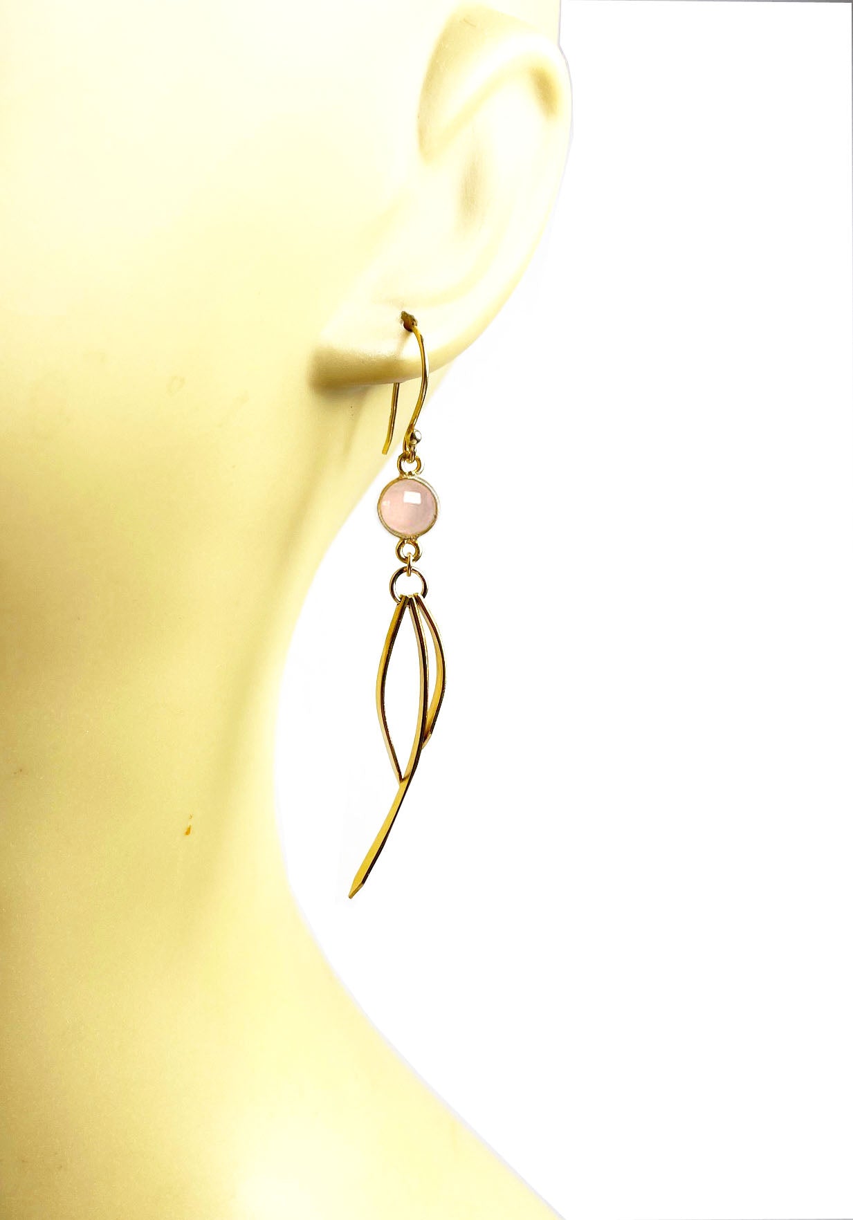 Gena Myint presents Rose Quartz Dangle Earrings featuring pink gemstone studs and delicate elongated wire loops.