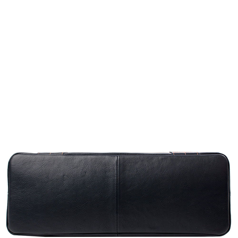 The Hidesign Cerys Leather Satchel features black leather, double handles, gold accents, and visible stitching.