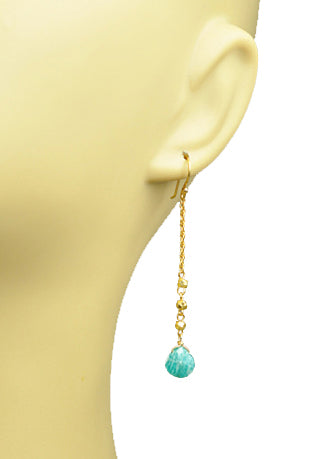 Gena Myints Amazonite Linear Drop Earrings feature gold chains adorned with blue-green gemstones.