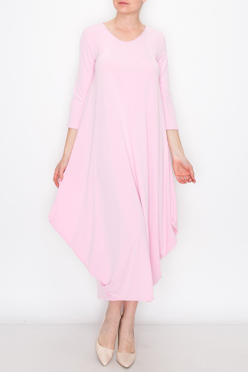 A person in a Solid Balloon Dress - Pink by Stylespect and beige flats, standing against a plain white background.