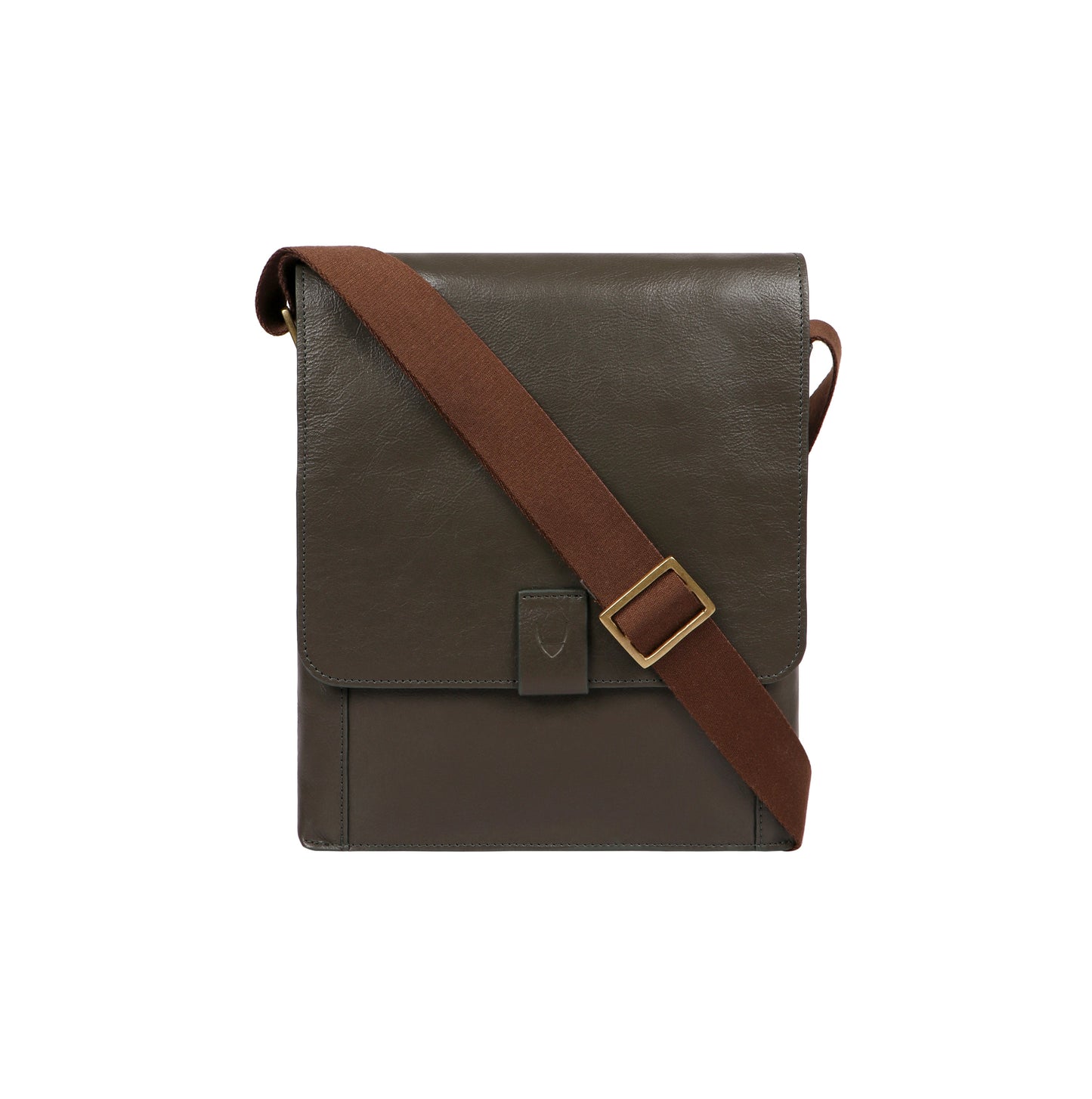 Hidesigns Aiden Genuine Leather Medium Crossbody is a dark brown shoulder bag featuring a wide strap and rectangular brass buckle.