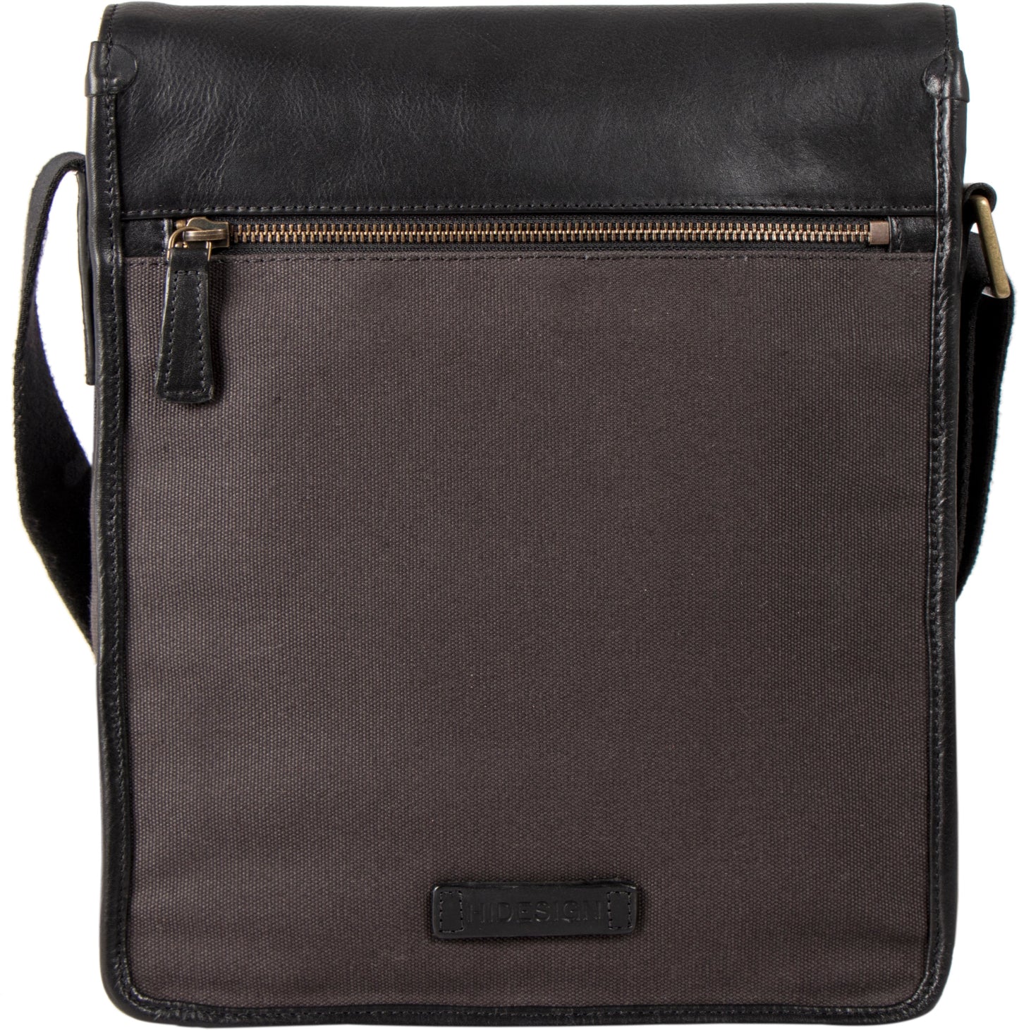 The Aiden Hidesign Blue Genuine Leather and Canvas Crossbody Bag features an adjustable strap and buckle, perfect for men or women as a shoulder, messenger, or travel bag that fits a 10.5 iPad.