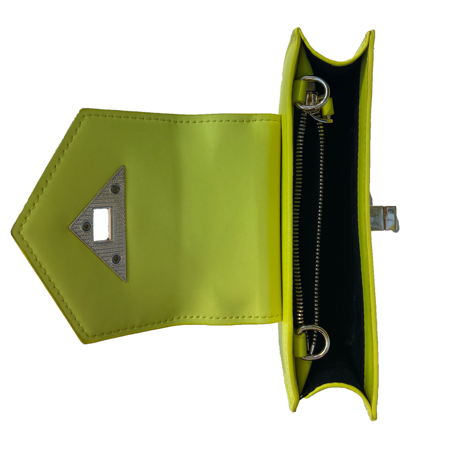 SUSUs Mary Bright Yellow Crossbody Leather Wristlet features a triangular gold clasp, flap closure, and detachable chain strap on a white background.