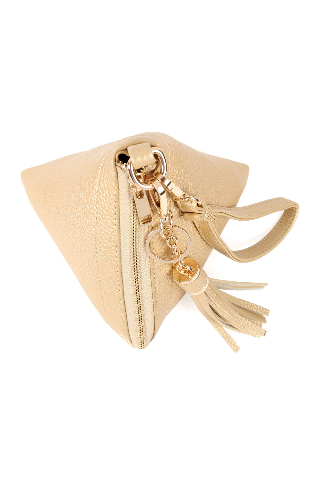 A person in a white shirt and jeans is holding the Riah Fashion Pyramid Shape Tassel Wristlet Leather Bag in orange.