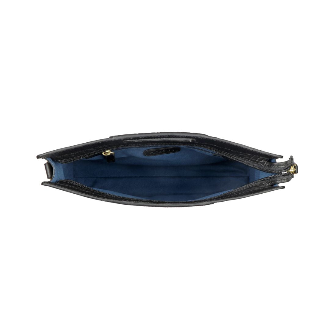 A Hidesign leather handbag in black features a textured design, rectangular cutout handle, and detachable shoulder strap.