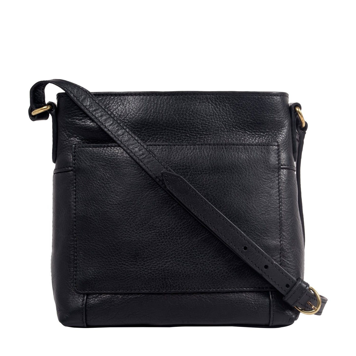The Hidesign Sierra Small Leather Crossbody Bag is a black, leather bag with a front pocket, adjustable strap, and gold-tone hardware.