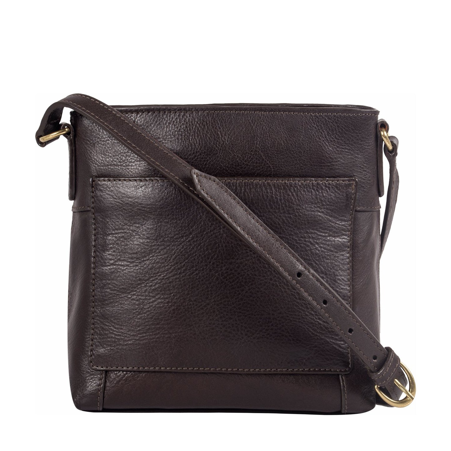 The Hidesign Sierra Small Leather Crossbody Bag is a black, leather bag with a front pocket, adjustable strap, and gold-tone hardware.