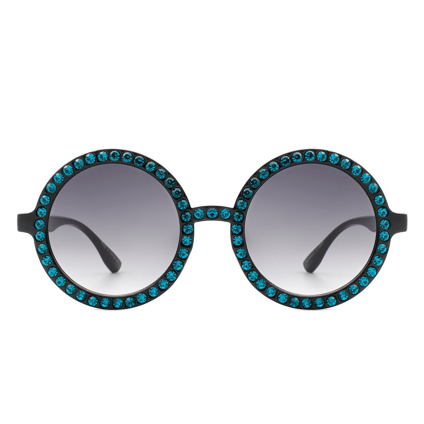 Round sunglasses by Cramilo Eyewear, Dreamwey model, featuring rhinestone-studded white frames with dark lenses.