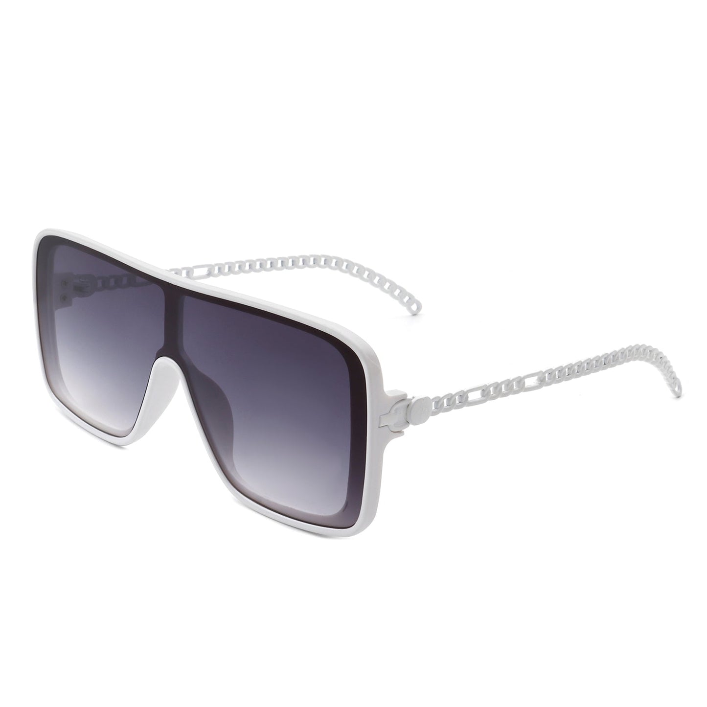Cramilo Eyewears Wildwind sunglasses feature a black-gray square frame with a retro flat top, gradient blue lenses, and chain-like arms.
