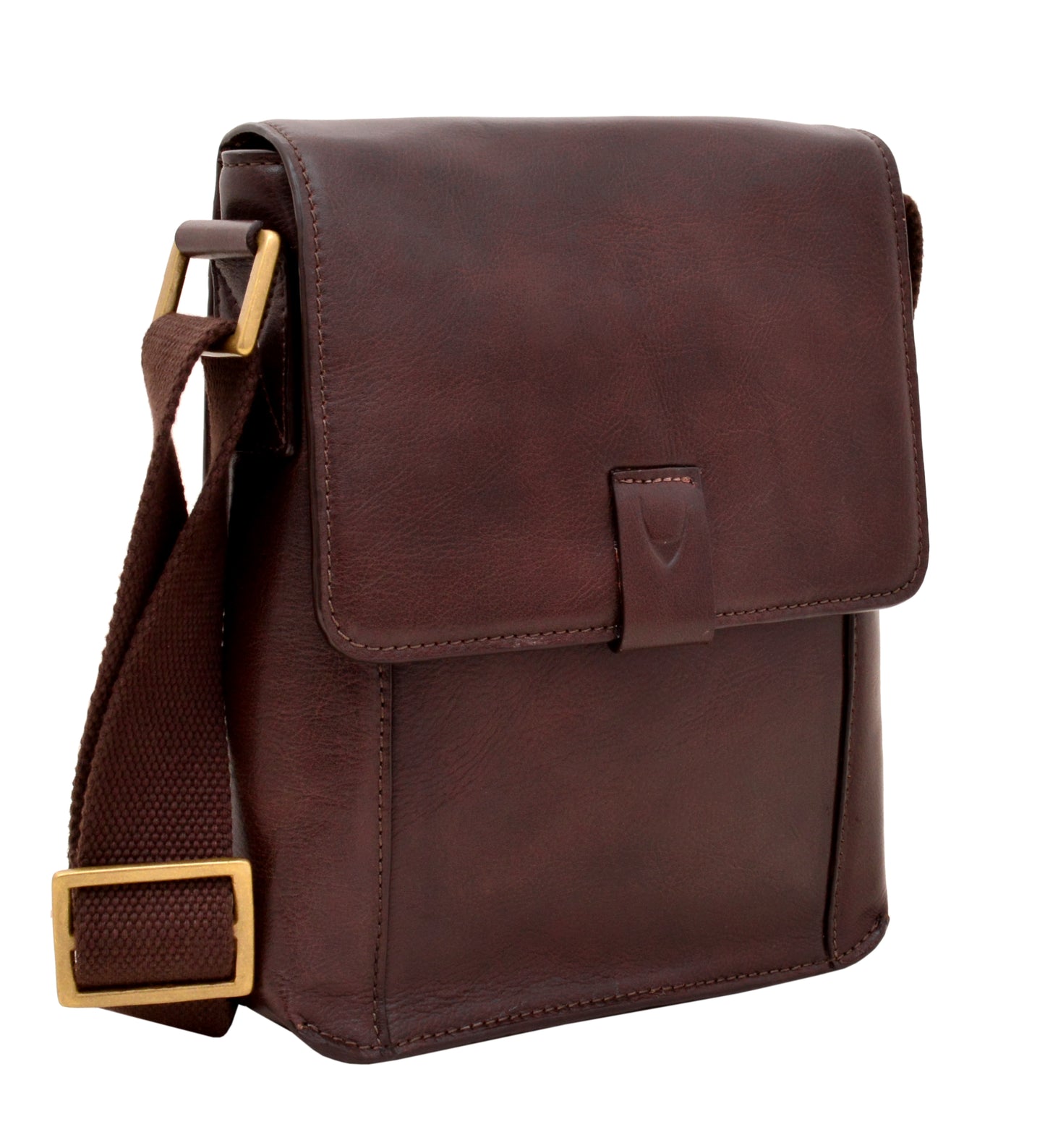 The Aiden Small Leather Messenger Cross Body Bag by Hidesign is a brown leather bag with a flap closure, featuring a dark brown adjustable strap and gold-tone buckles.