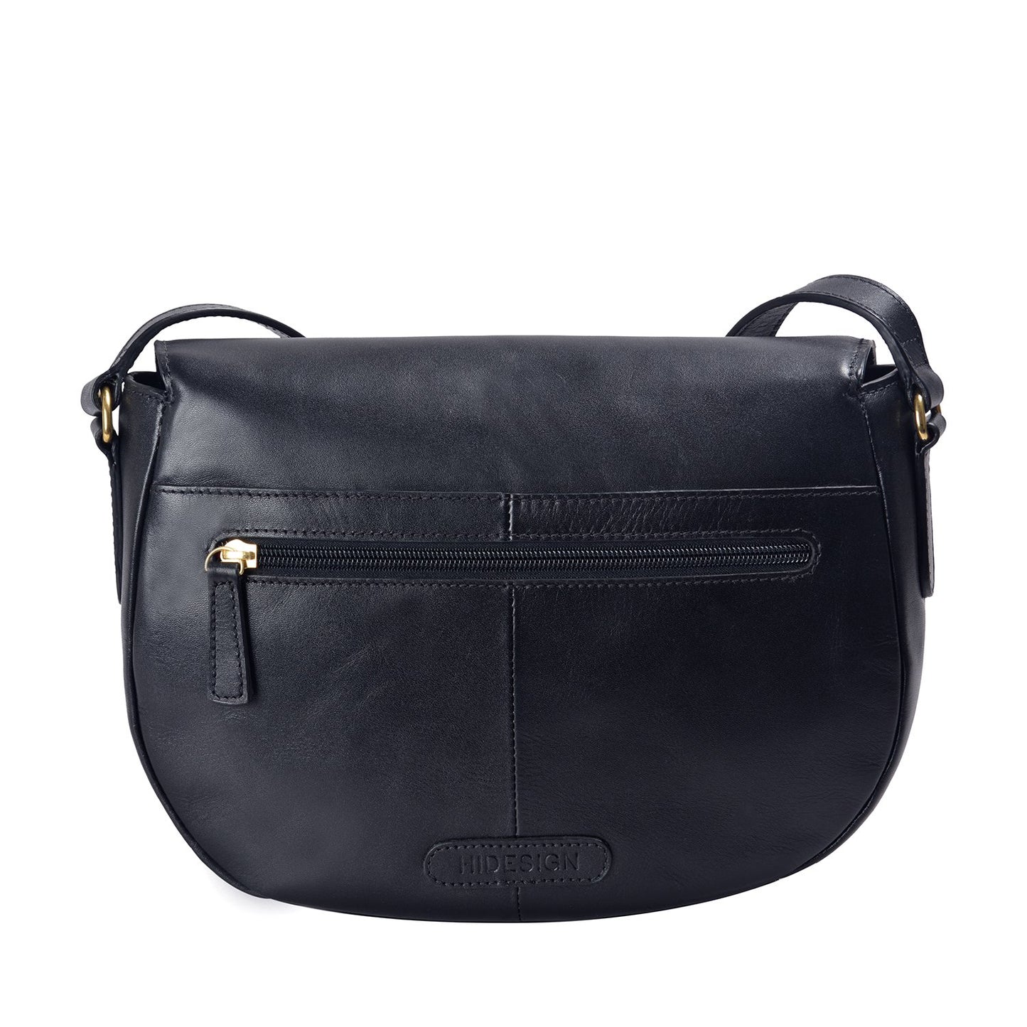 The Nelly Classic Leather Crossbody Bag by Hidesign features a black leather design with a flap closure and a gold buckle on the strap.