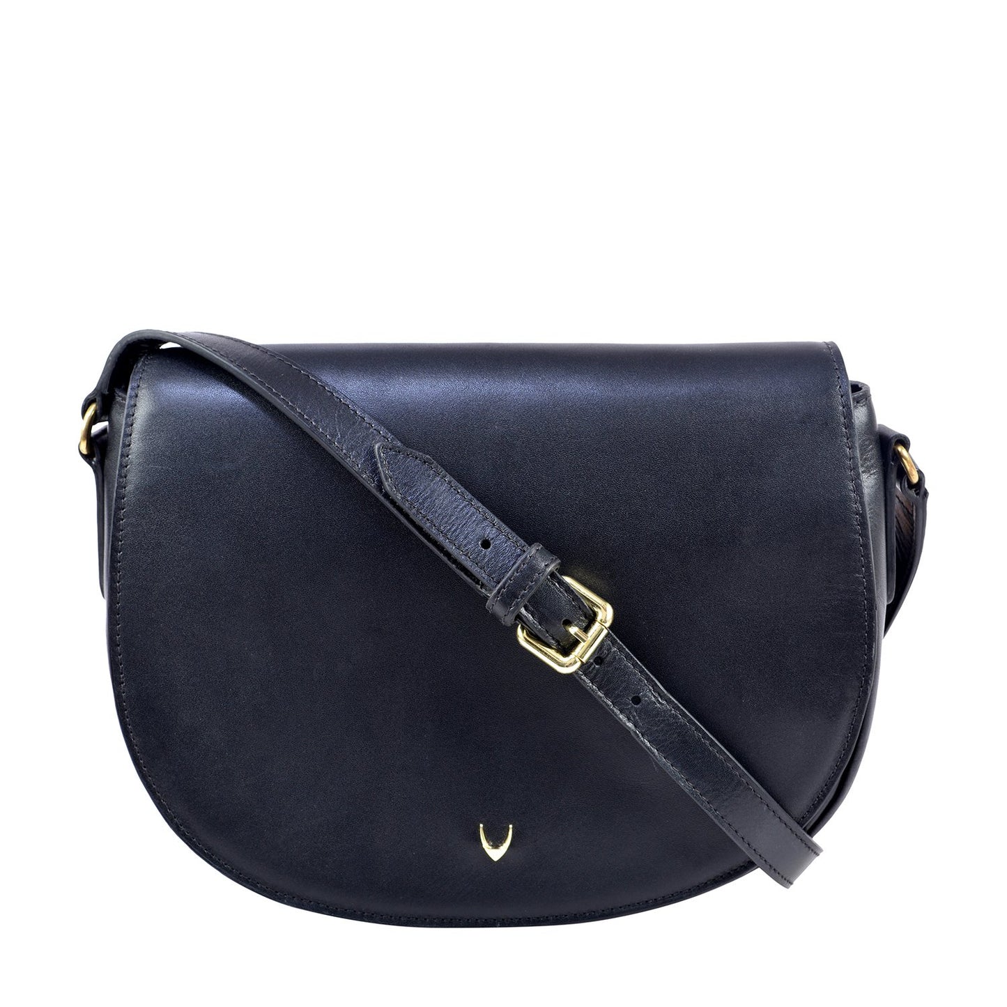 The Nelly Classic Leather Crossbody Bag by Hidesign features a black leather design with a flap closure and a gold buckle on the strap.