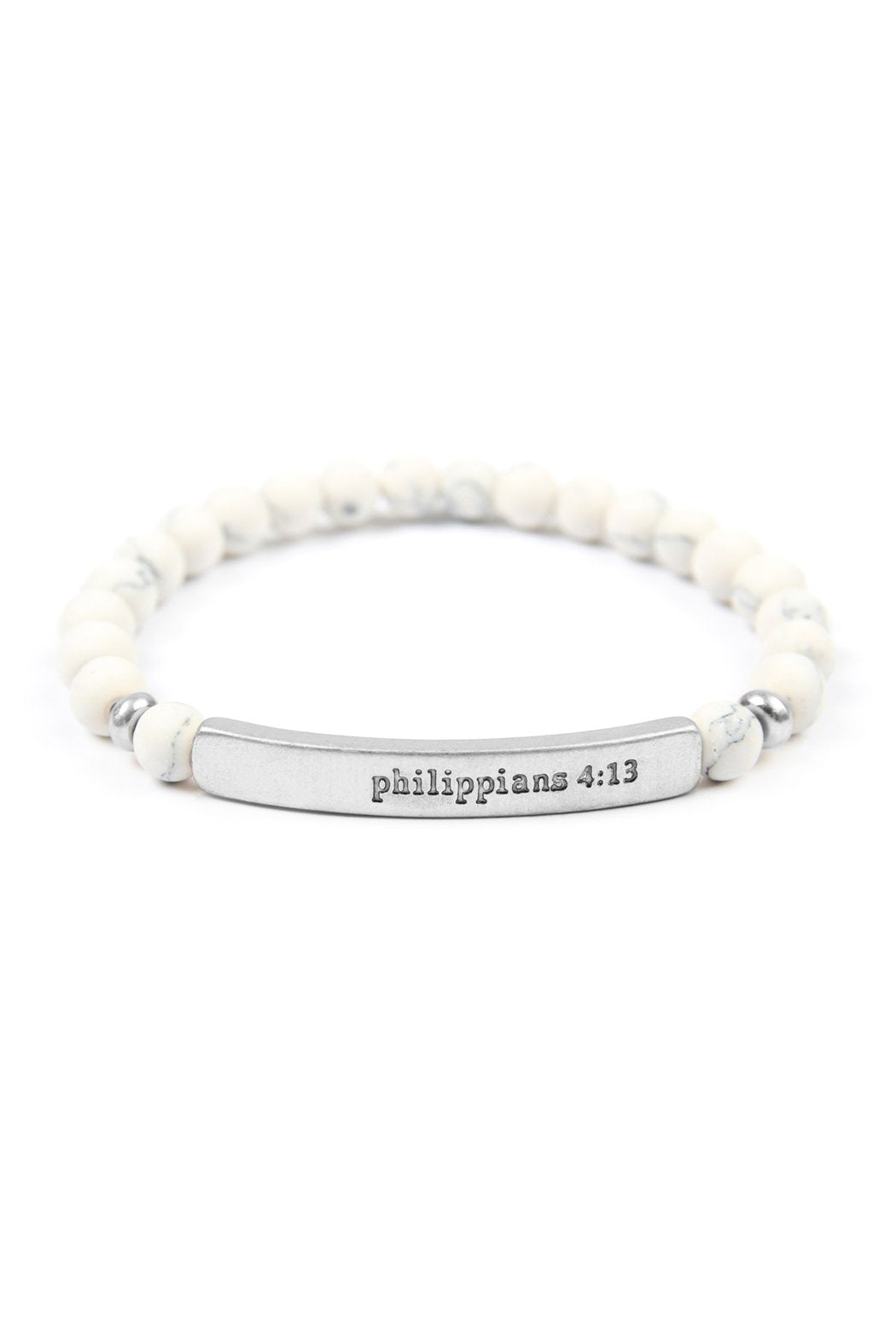 The Philippians 4:13 Natural Stone Stretch Bracelet by Riah Fashion features marble-like beads and a gold-tone bar engraved with Philippians 4:13. Color: Gold Gray.