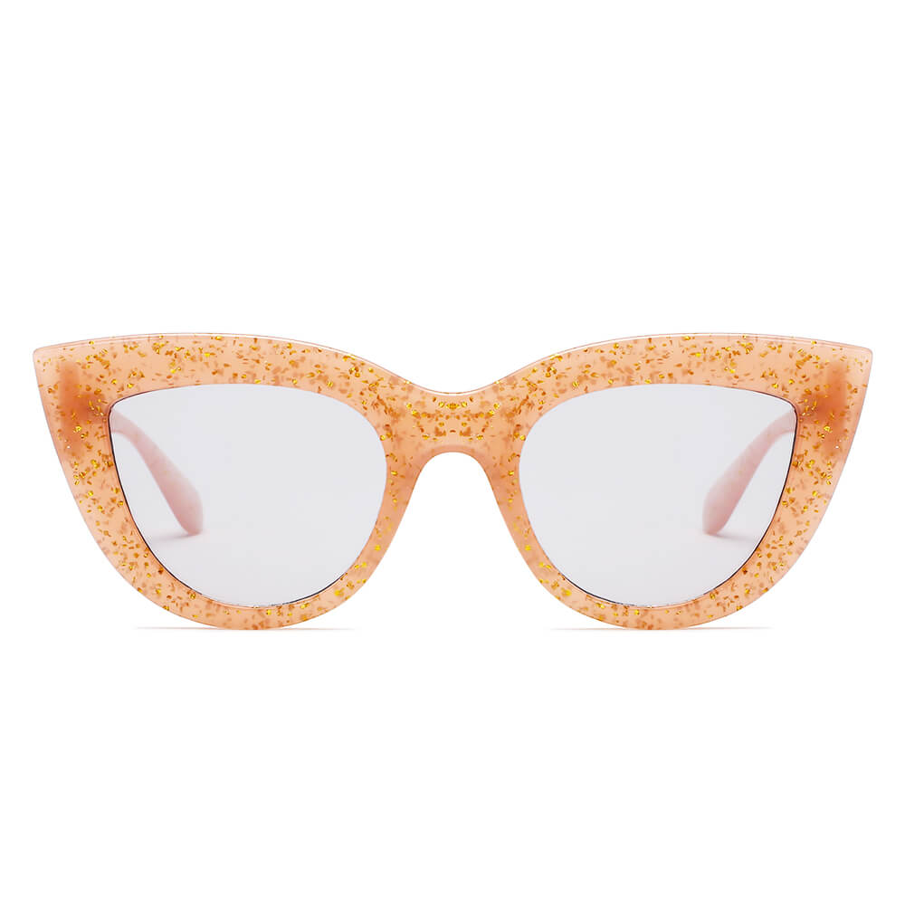 BOYDS women’s round cat-eye sunglasses by Cramilo Eyewear feature pink glittery frames and dark lenses on a white background.