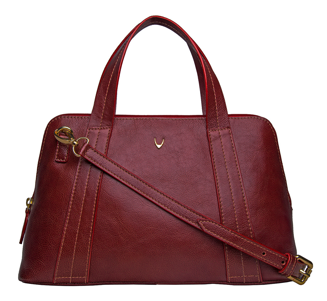 The Hidesign Cerys Leather Satchel in maroon features gold hardware, a zip closure, dual handles, detachable shoulder strap, and small stitched details.