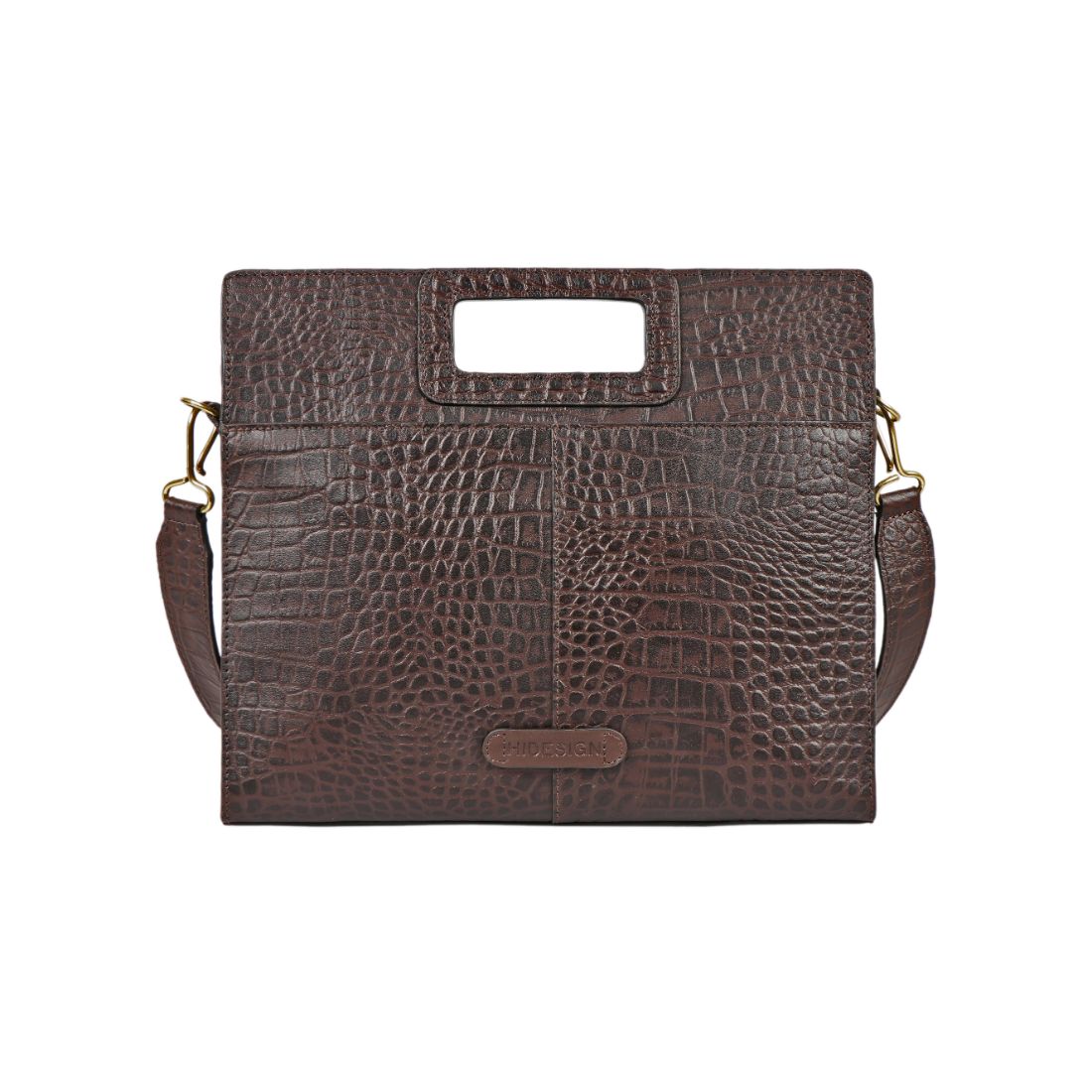 A Hidesign leather handbag in black features a textured design, rectangular cutout handle, and detachable shoulder strap.