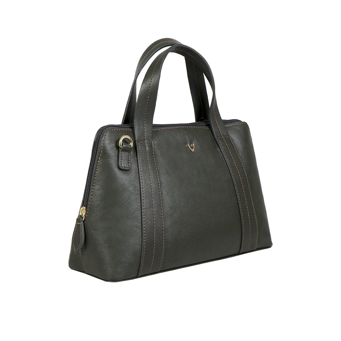 The Cerys Medium Leather Satchel by Hidesign is a red handbag with short handles and a detachable shoulder strap, featuring gold-tone hardware and a small gold emblem on the front.