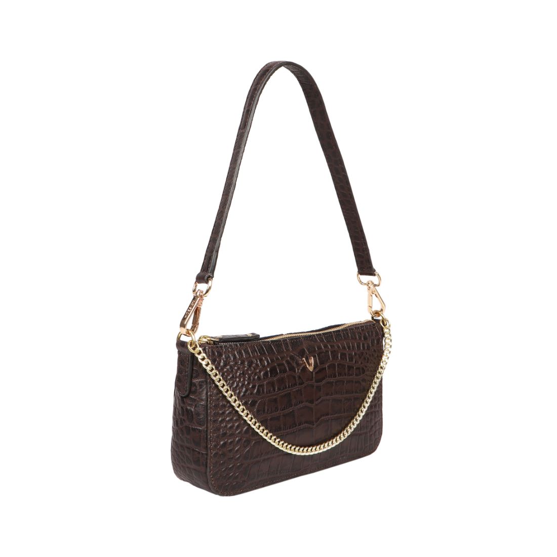 Hidesign Valerie black crocodile-textured handbag featuring a gold chain accent and single shoulder strap against a white background.