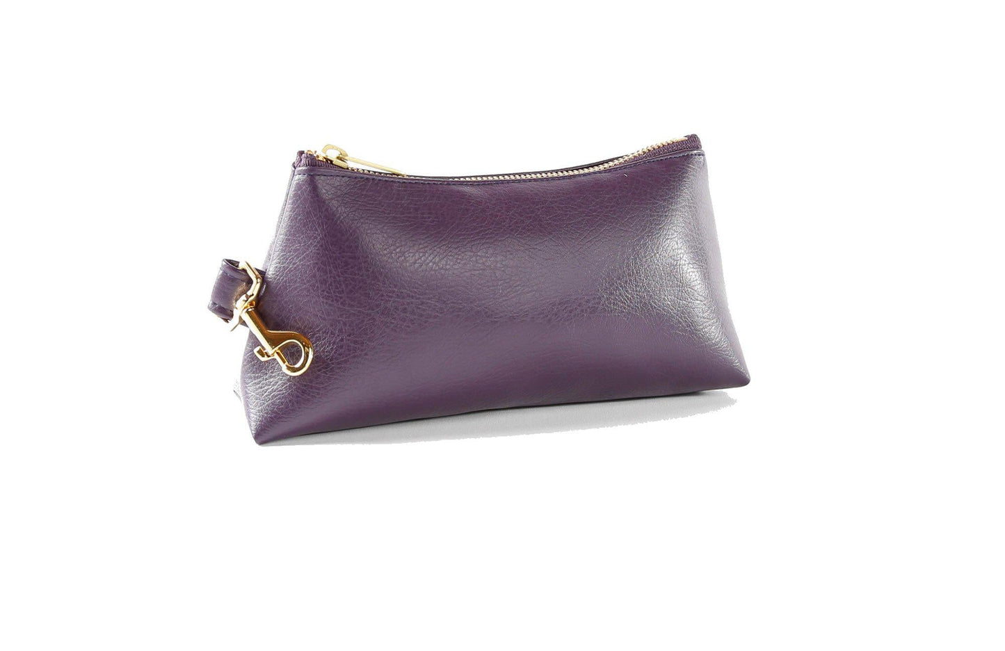 A Pretty Purple Vegan Leather Bag by KEYPER features a gold zipper and strap, showcased on a white background.