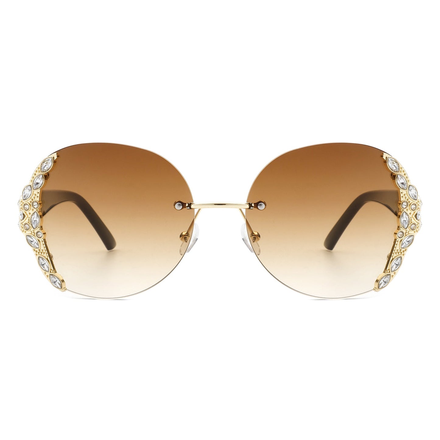 Stylish black sunglasses with oval rimless frames, pink gradient lenses, ornate gold detailing, and rhinestone design by Cramilo Eyewear.