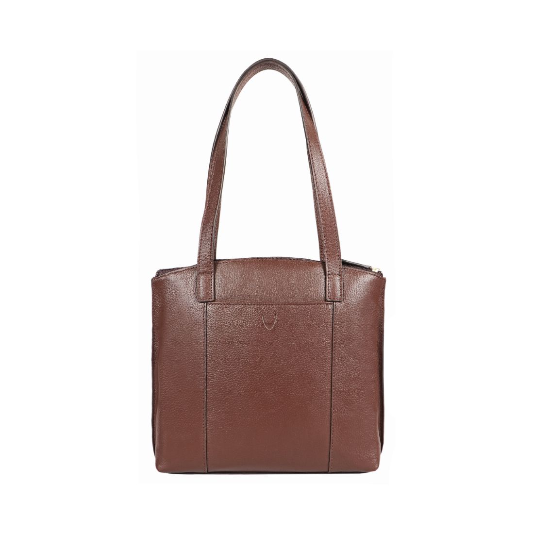 A black Hidesign Clarida Womens Classic Leather Handbag with two shoulder straps, a zippered front pocket, and HIDESIGN embossed in gold at the bottom.