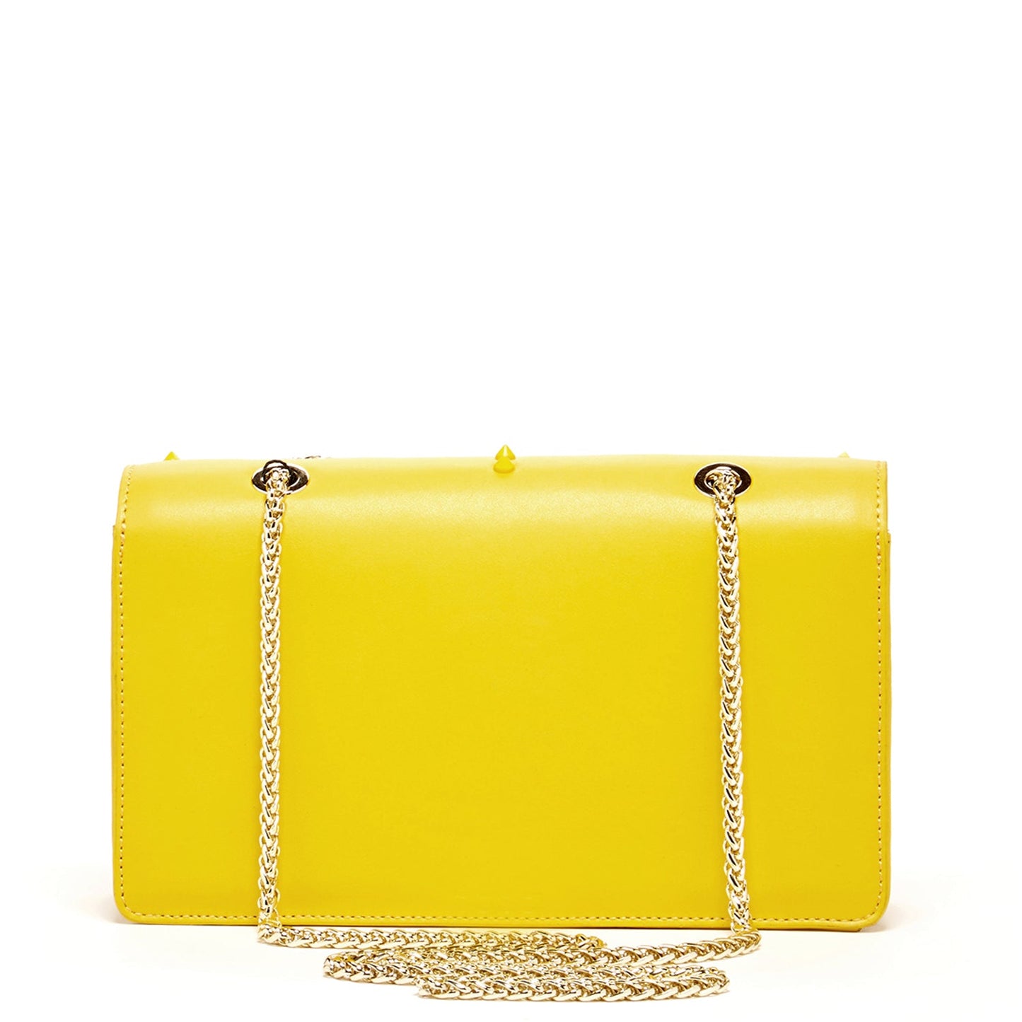 The SUSU Josie Mustard Yellow Leather Purse features gold chain straps, a clasp, and a front row of small studs.