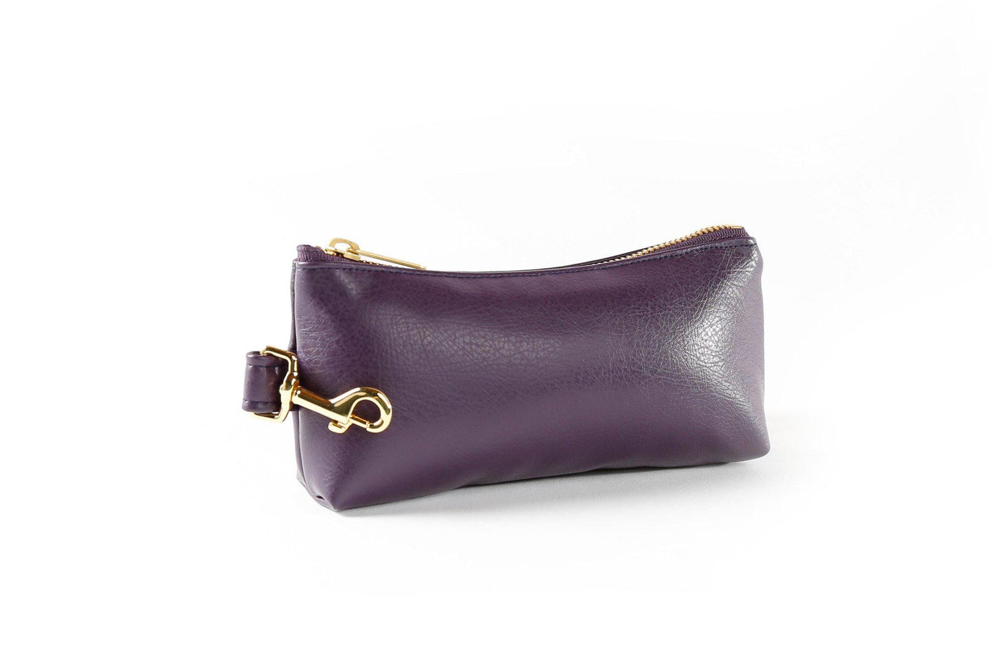 A Pretty Purple Vegan Leather Bag by KEYPER features a gold zipper and strap, showcased on a white background.