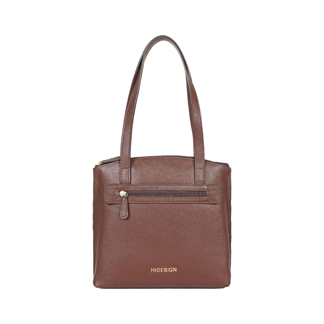 A black Hidesign Clarida Womens Classic Leather Handbag with two shoulder straps, a zippered front pocket, and HIDESIGN embossed in gold at the bottom.