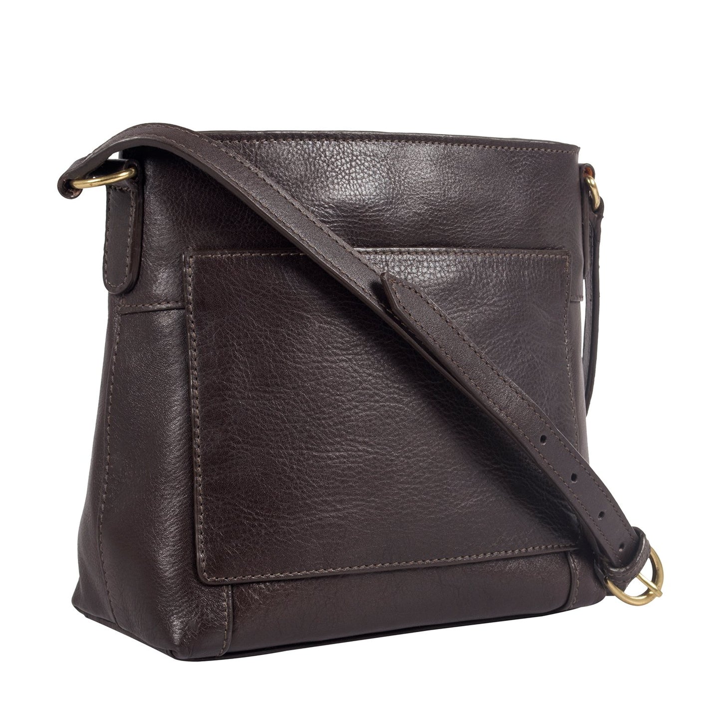 The Hidesign Sierra Small Leather Crossbody Bag is a black, leather bag with a front pocket, adjustable strap, and gold-tone hardware.
