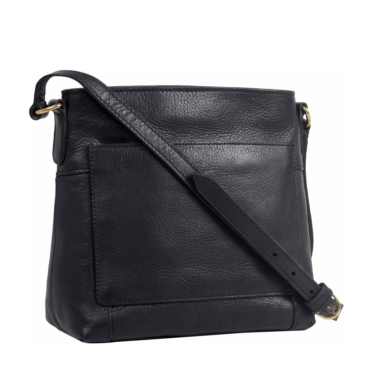 The Hidesign Sierra Small Leather Crossbody Bag is a black, leather bag with a front pocket, adjustable strap, and gold-tone hardware.