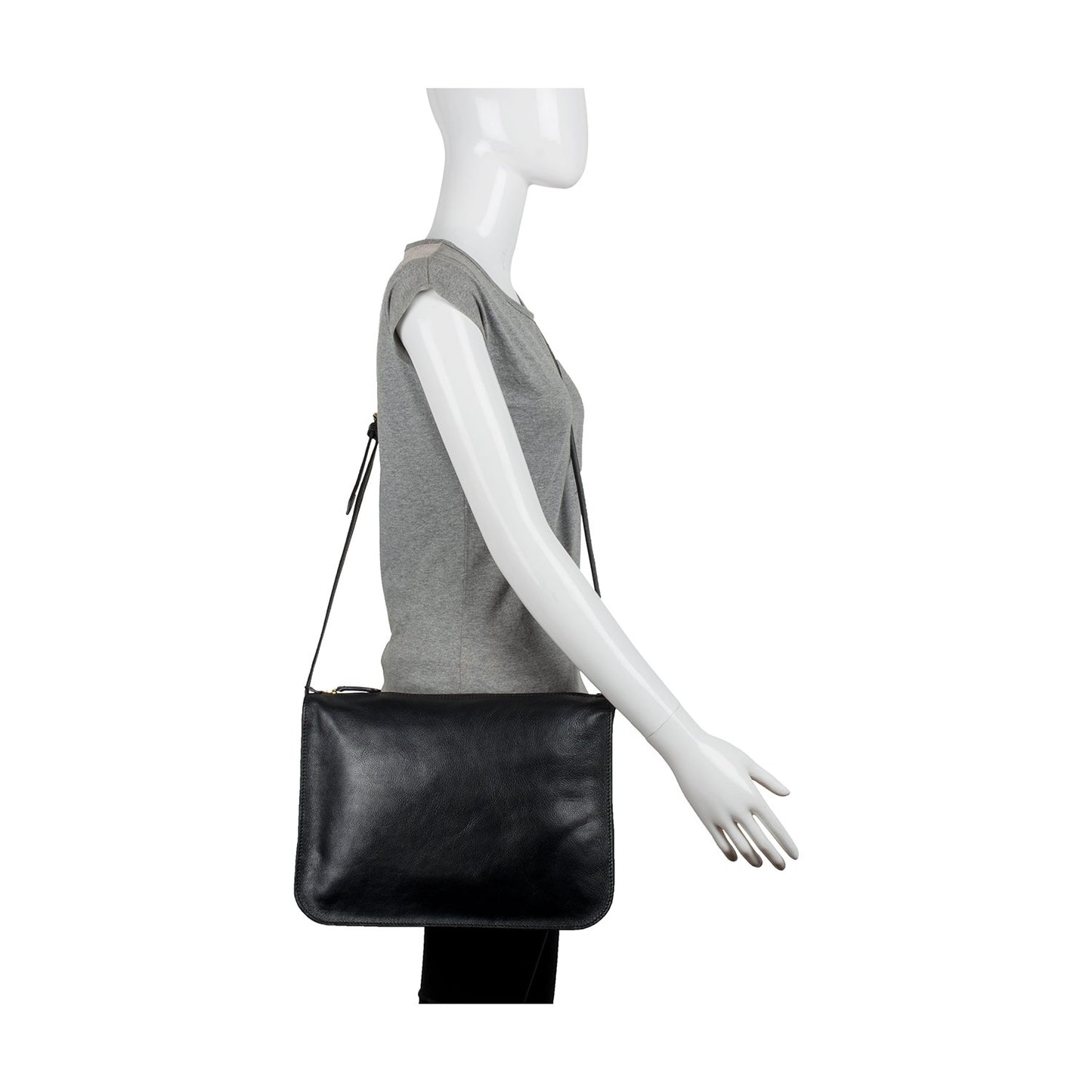 The Hidesign Carmel Medium Leather Sling Bag is a black rectangular crossbody bag featuring an adjustable shoulder strap.