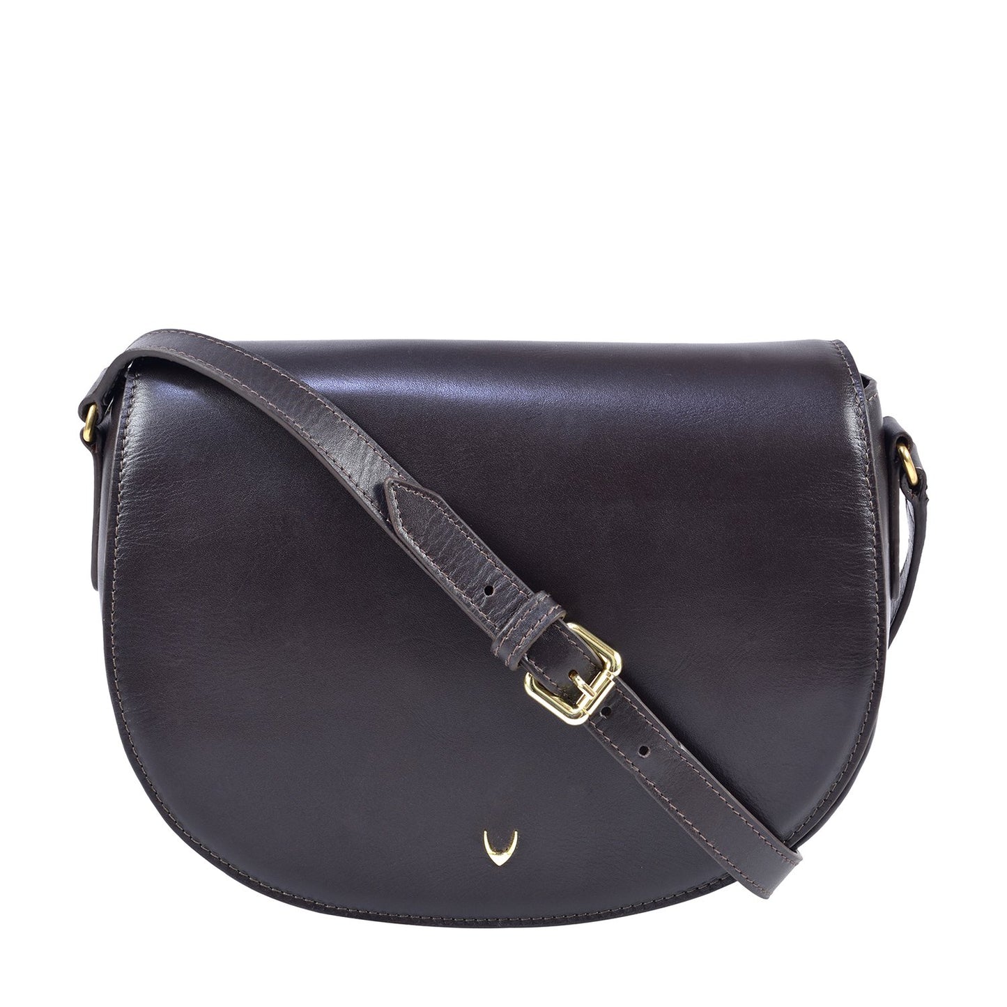 The Nelly Classic Leather Crossbody Bag by Hidesign features a black leather design with a flap closure and a gold buckle on the strap.