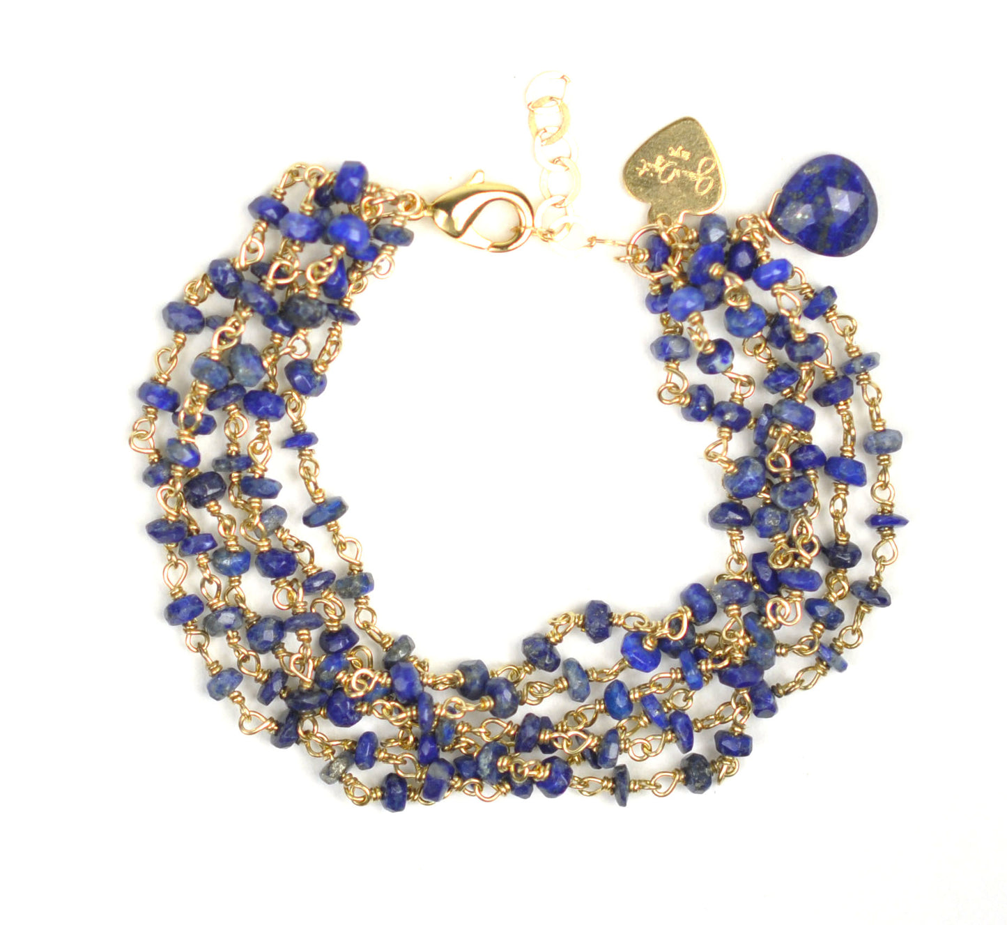 Gena Myints Lapis Lazuli Bracelet features gold and blue multi-strands, a lobster clasp, and a heart-shaped charm.