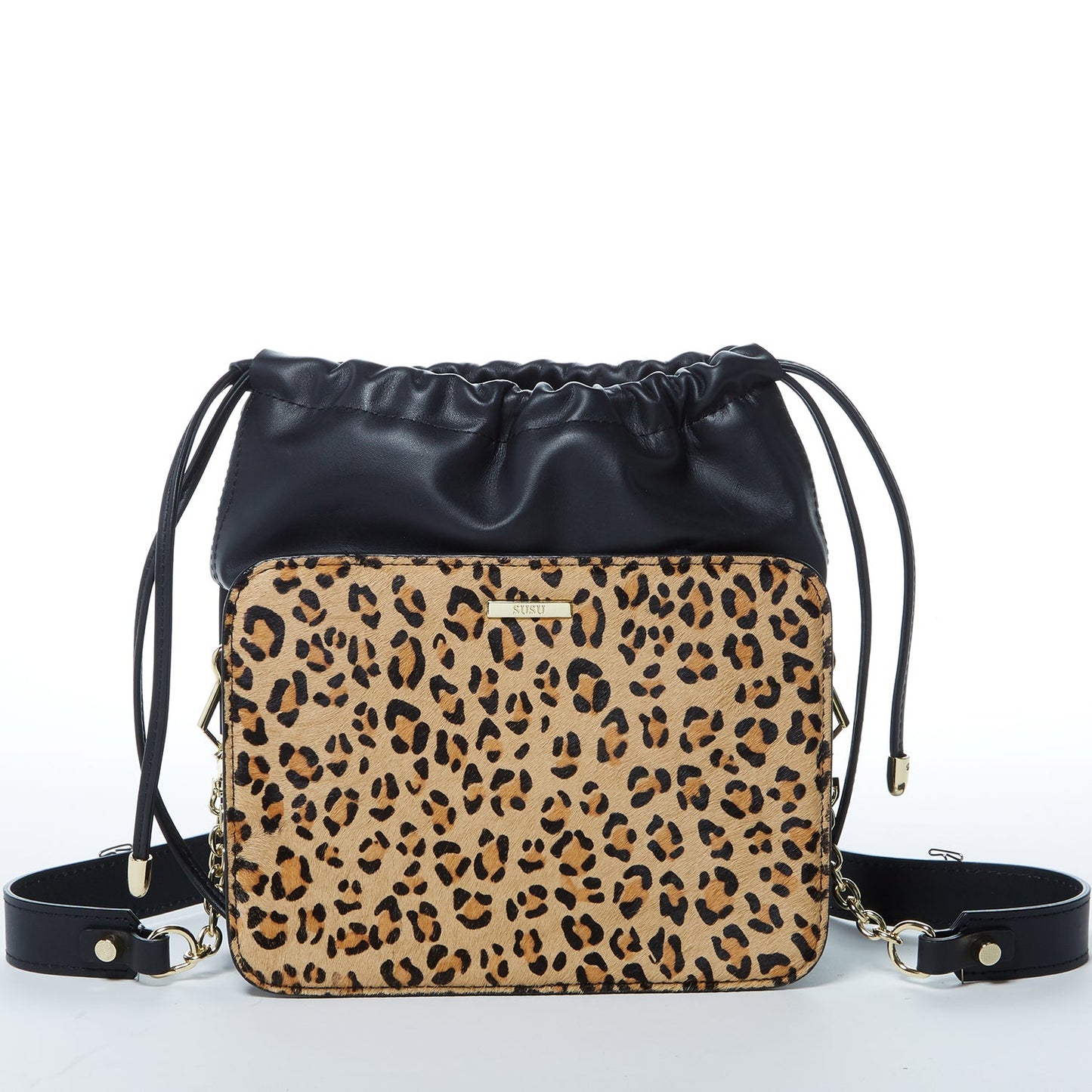 The Patricia Black Leopard Leather Purse by SUSU features a leopard print, black leather accents, drawstring closure, detachable strap, and gold hardware.