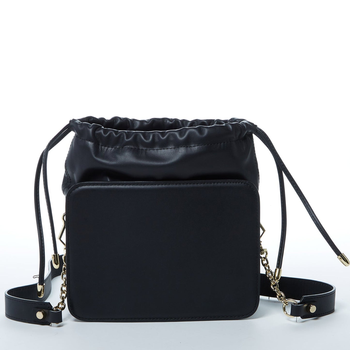 The Patricia Black Leopard Leather Purse by SUSU features a leopard print, black leather accents, drawstring closure, detachable strap, and gold hardware.